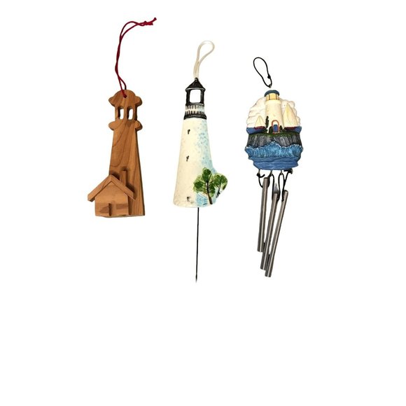 Lighthouse Decor Lot of 3 Chimes Ornaments Wooden Ceramic Blue Green Nautical - Picture 2 of 5